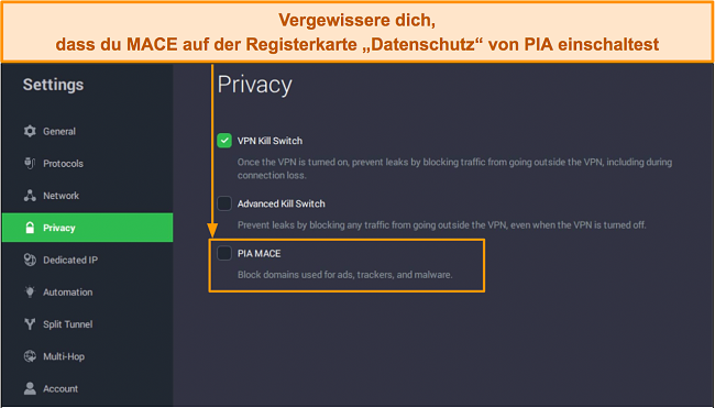 Screenshot des MACE-Werbeblockers von PIA auf der Registerkarte „Datenschutz“.