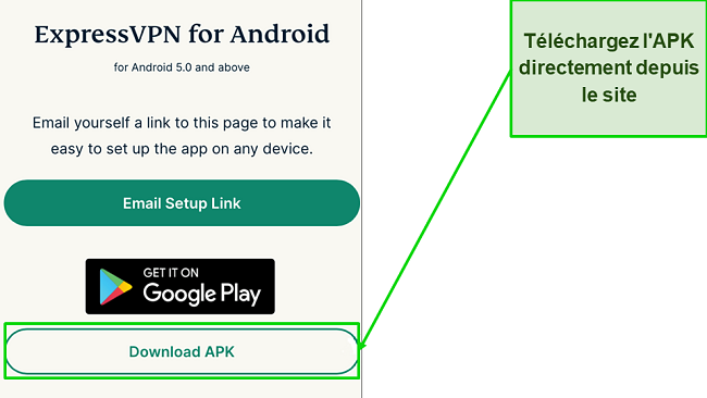 Capture d'écran du bouton de téléchargement APK du site Web ExpressVPN