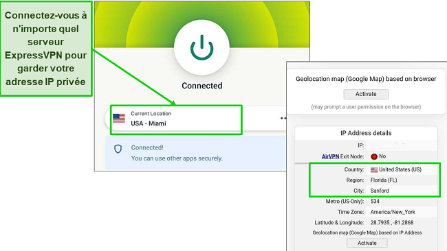 Graphique montrant ExpressVPN connecté à un serveur de Miami et réussissant un test de fuite DNS