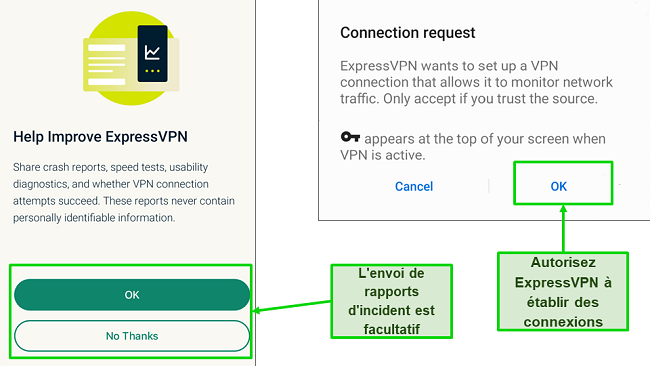 Capture d'écran du rapport d'incident et des autorisations de connexion requises après la première connexion à ExpressVPN