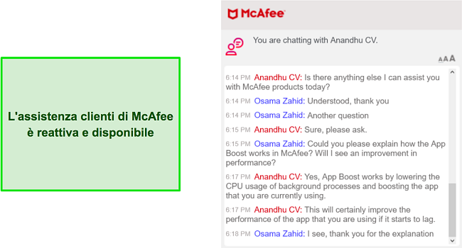 Conversazione con il supporto della chat dal vivo di McAfee