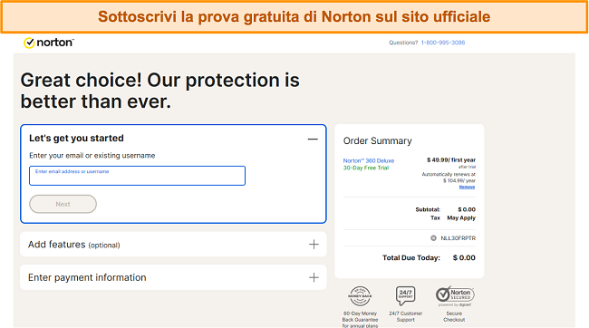 Iscrizione alla prova gratuita di Norton