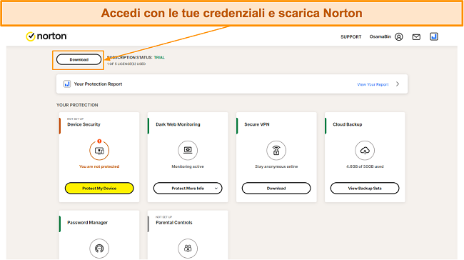 Download della configurazione di Norton dal suo sito web