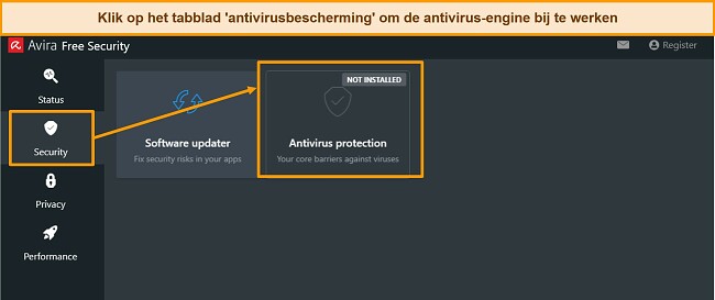 Screenshot die laat zien hoe de Avira antimalware-engine kan worden bijgewerkt