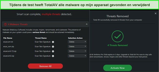 Screenshot van de resultaten van het verwijderen van TotalAV-malware
