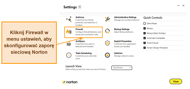 Zrzut ekranu pokazujący, jak uzyskać dostęp do ustawień zapory ogniowej Norton