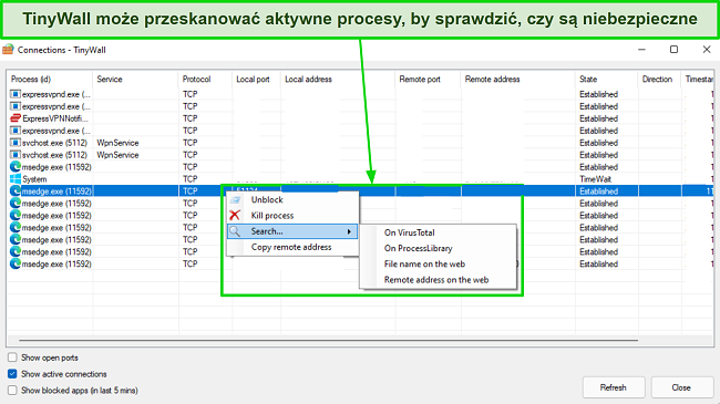 Zrzut ekranu pokazujący, jak można używać TinyWall do skanowania aktywnych procesów