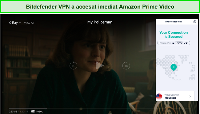 Captură de ecran a Bitdefender VPN care deblochează Amazon Prime Video