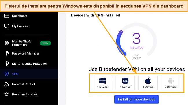 Captură de ecran a paginii de descărcare Bitdefender pentru diferite sisteme de operare