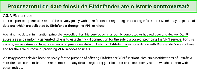 Captură de ecran a ceea ce spune politica de confidențialitate a Bitdefender VPN despre colectarea datelor