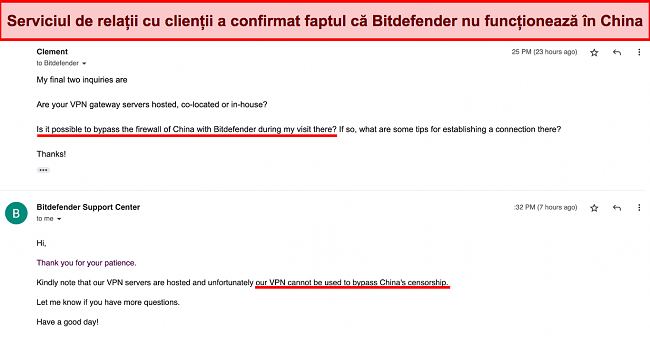 Captură de ecran a interacțiunii mele cu Asistența Bitdefender care confirmă că serviciul nu poate fi utilizat în China