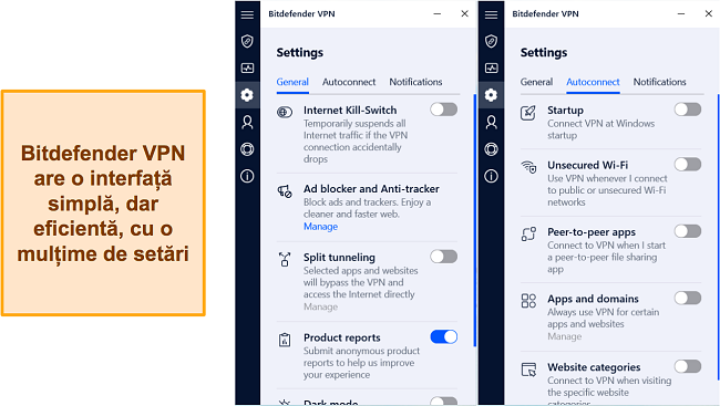 Captură de ecran a opțiunilor de setări disponibile pe Bitdefender VPN