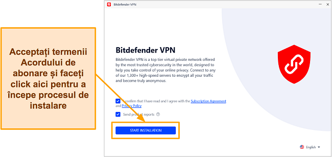 Captură de ecran a procesului de instalare a Bitdefender