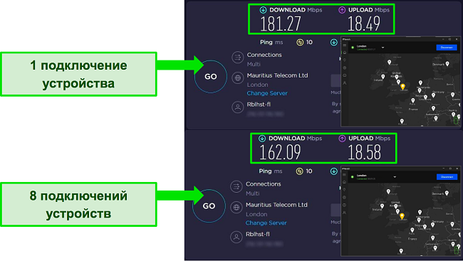 Скриншоты тестов скорости, показывающие разницу в скорости между 1 устройством, подключенным к серверу IPVanish в Великобритании, и 8 подключенными устройствами.