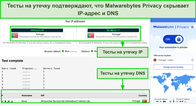 Скриншот результата моего теста на утечку IP/DNS с подключенным Malwarebytes Privacy VPN