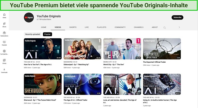 Screenshot von YouTube Originals-Inhalten, die über YouTube Premium verfügbar sind