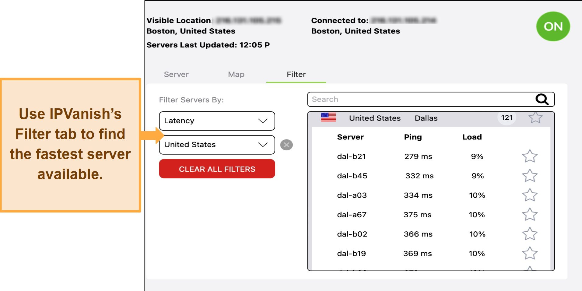 Screenshot of IPVanish's Filter tab with US servers displayed