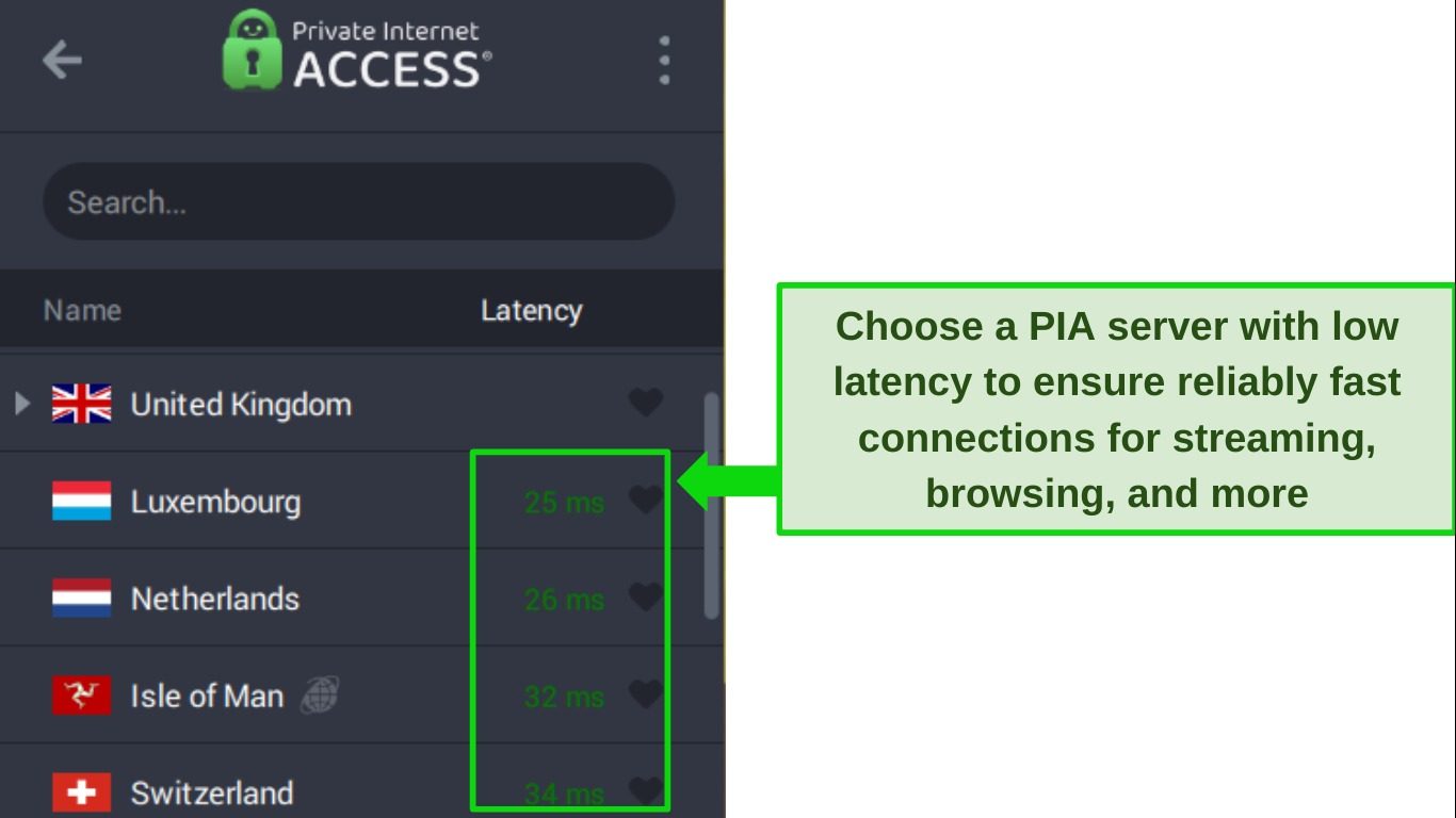 Image of PIA's Windows app showing the server menu, with the server latency highlight