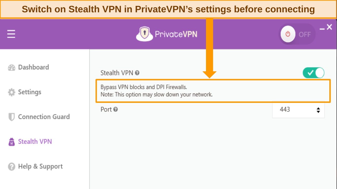 Image of PIA's Windows app, showing how to switch on the Stealth VPN feature in the setting