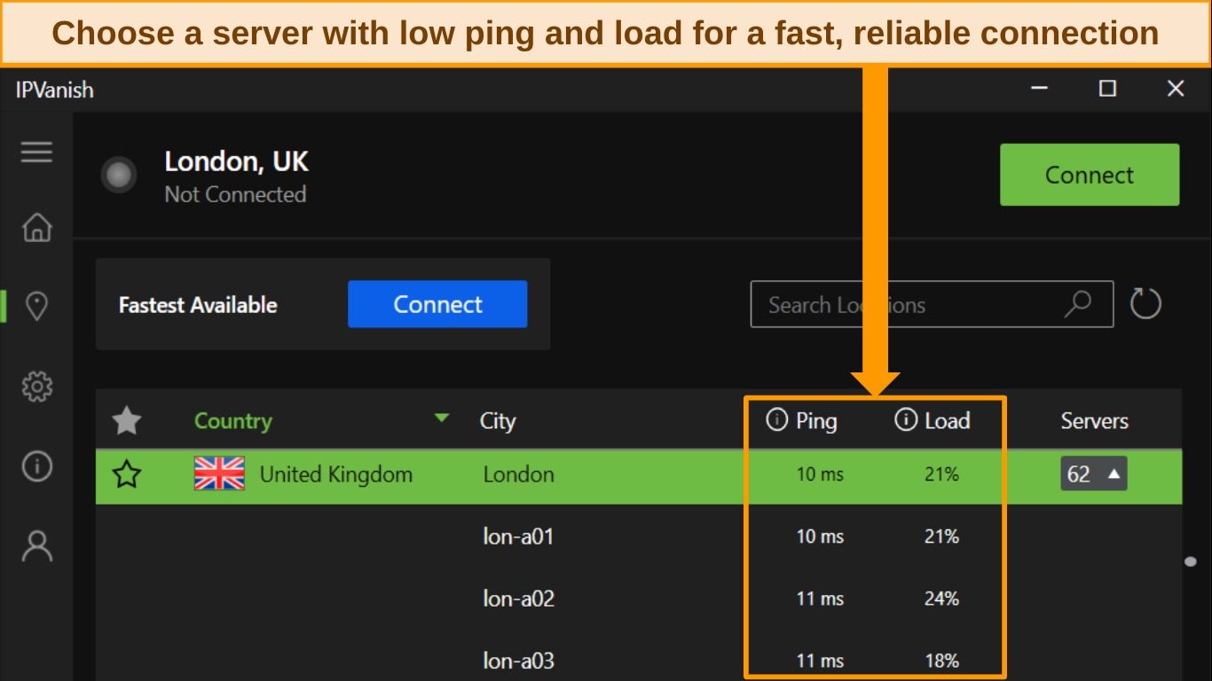 Screenshot of IPVanish's Windows app, highlighting the ping and load details for London UK servers