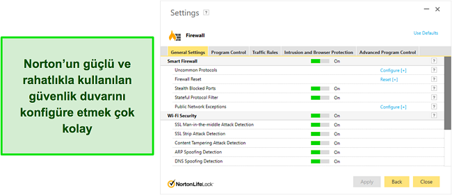 Norton'un sezgisel güvenlik duvarı ayarları