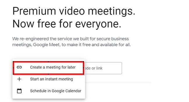 Google Meet create meeting screenshot