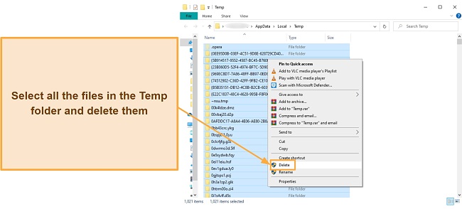 Screenshot showing the deletion of all files in the temporary files folder