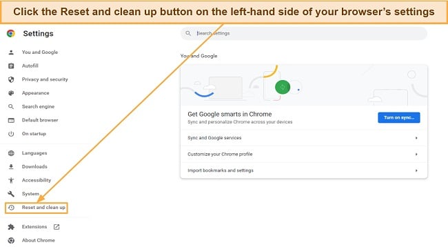 Screenshot showing how to open the Reset and clean up menu in Google Chrome