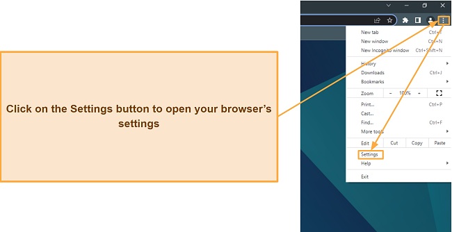 Screenshot showing how to open browser settings in Google Chrome