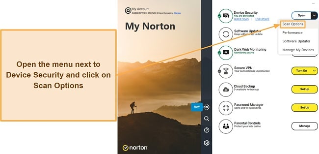 Screenshot showing how to start Norton's Full System Scan