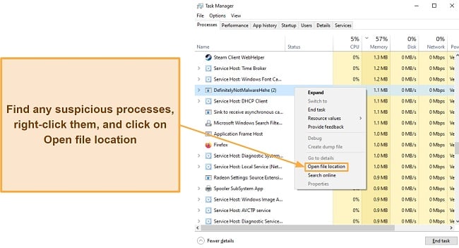 Screenshot showing how to open the file location of a suspicious process via the Task Manager in Windows