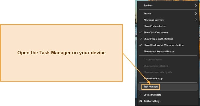 Screenshot showing how to open the Task Manager in Windows