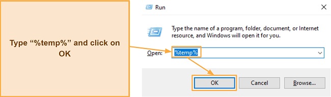 Screenshot showing how to access the temporary files folder via the Run command window in WIndows