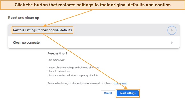 Screenshot showing how to restore Google Chrome settings to default via the Reset and clean up menu