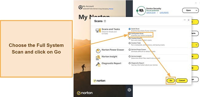 Screenshot showing how to start Norton's Full System Scan