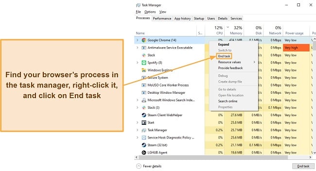 Screenshot showing how to force close a web browser via the Task Manager in Windows