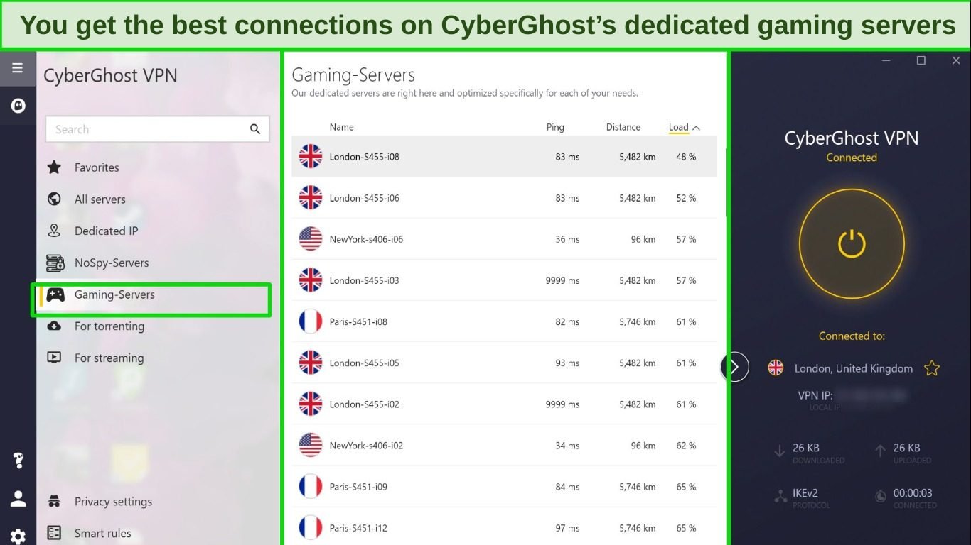 Screenshot of CyberGhost's list of gaming-optimized servers