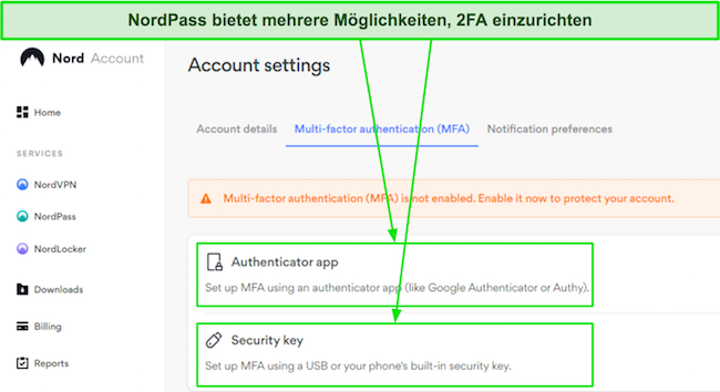 Screenshot der verfügbaren Multi-Faktor-Authentifizierungsoptionen von NordPass