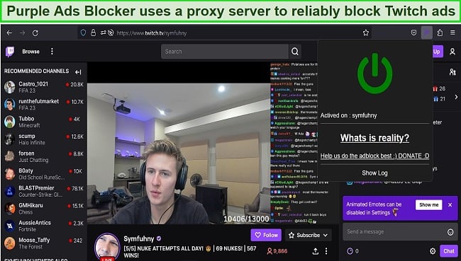 Screenshot of the Purple Ads Blocker browser extension blocking ads on Twitch.