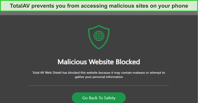 Screenshot of TotalAV's WebShield blocking malicious website