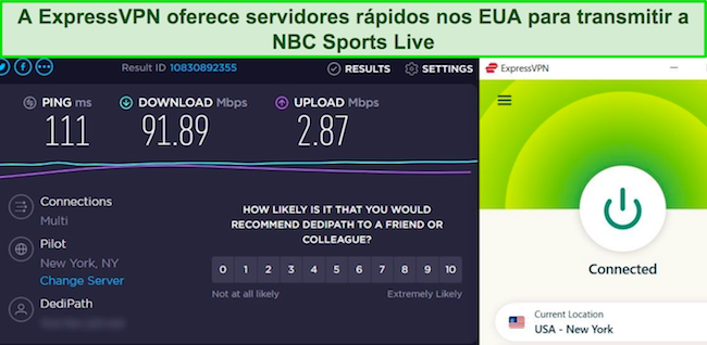 Captura de tela do resultado do teste de velocidade do servidor ExpressVPN nos EUA