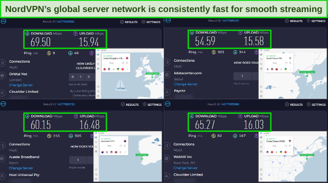 Скриншоты результатов теста на скорость Ookla с NORDVPN, связанным с серверами в Великобритании, Южной Корее, Австралии и США