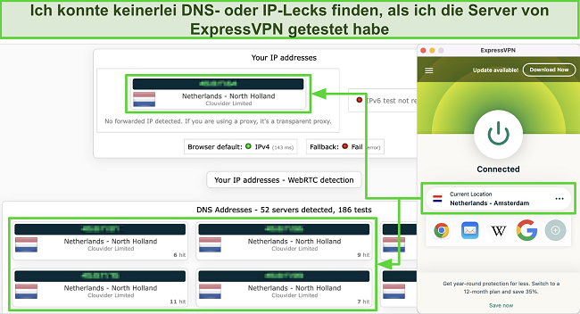 Screenshot von ExpressVPNs IP/DNS-Leak-Tests, bei denen ExpressVPN meinen wahren Standort nicht preisgegeben hat