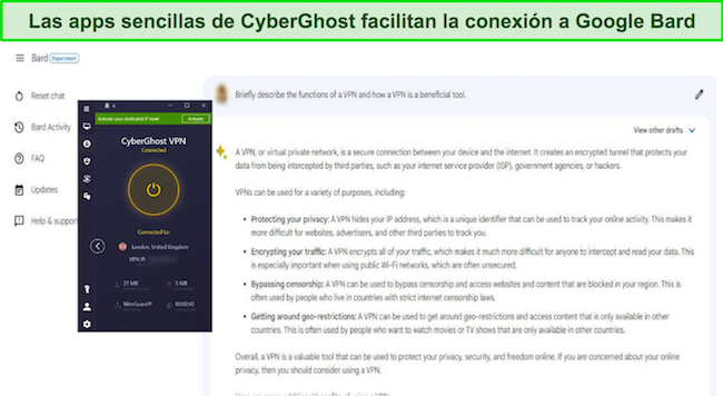 Imagen de Google Bard respondiendo a un aviso sobre VPN, con CyberGhost conectado a un servidor del Reino Unido