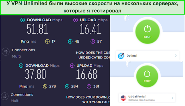 Скриншот тестов скорости VPN Unlimited на серверах в США и Великобритании