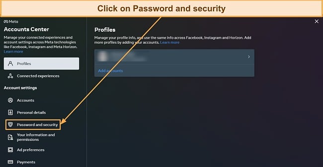 Screenshot showing how to access Facebook's Password and security menu