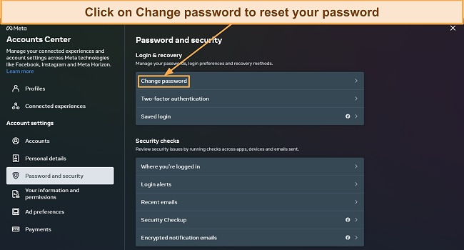 Screenshot showing you to change your Facebook password