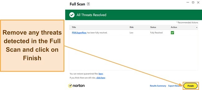 Screenshot showing how to finish Norton's scan