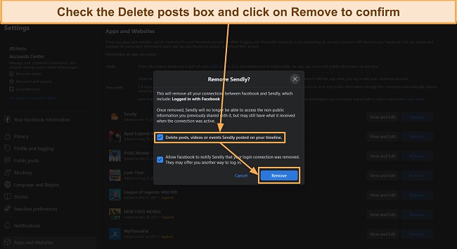 Screenshot showing how to confirm the removal of an app or website from your Facebook account