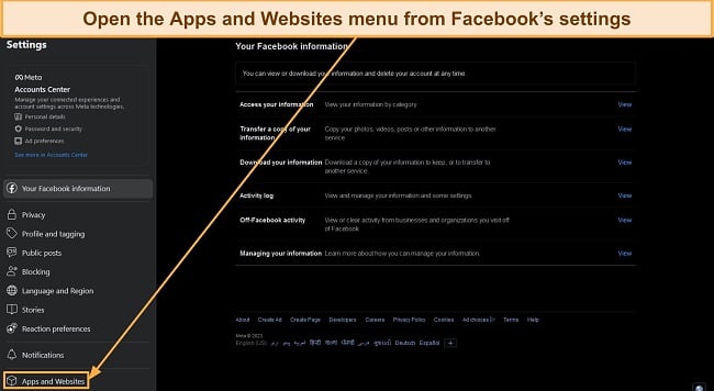 Screenshot showing how to access the Apps and Websites menu via Facebook's settings